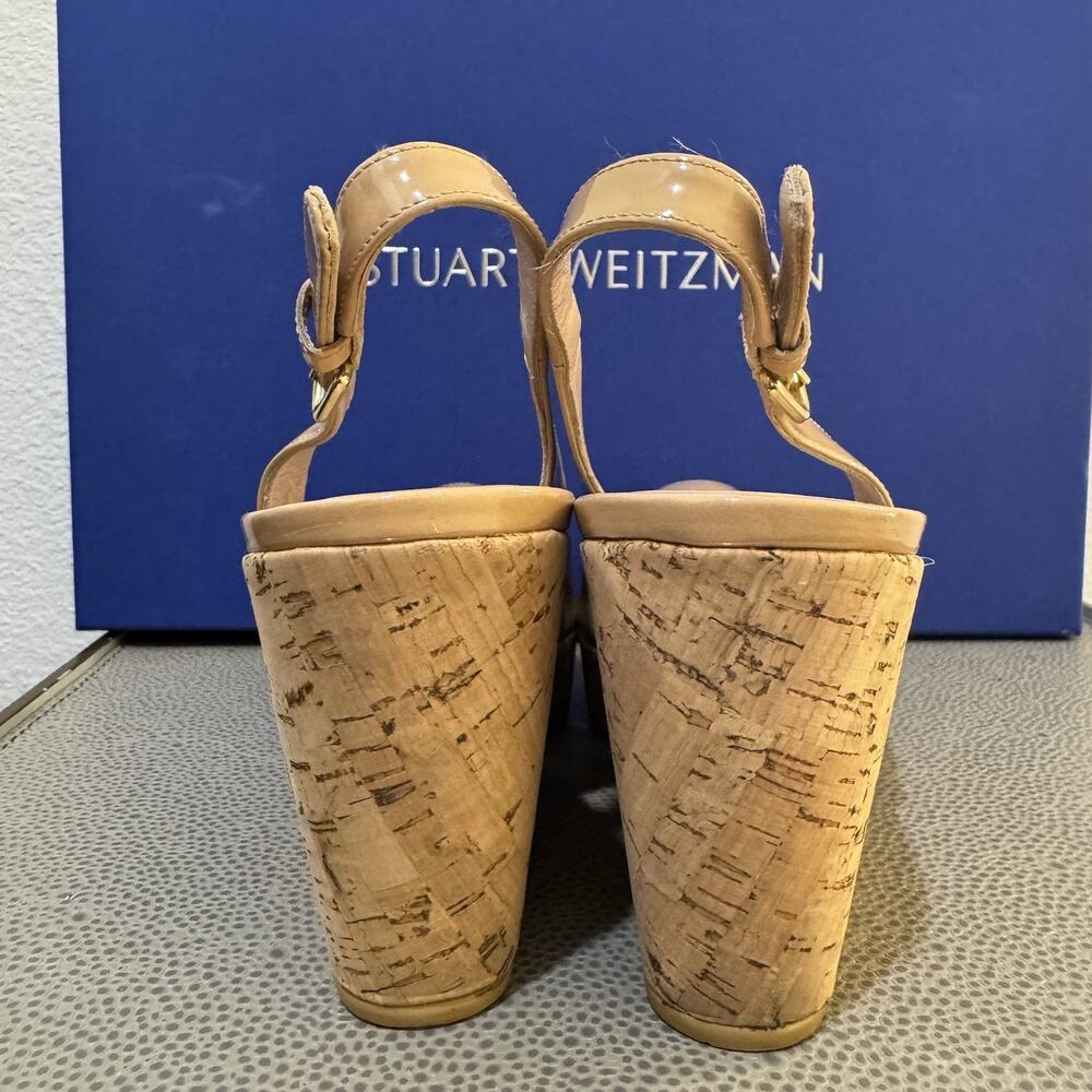 STUART WEITZMAN AUTH $399 Women Beige Patent Leather Jean Wedge Sandals Size 9 M - Picture 13 of 16